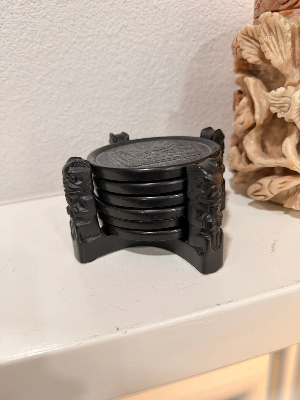 Tiki Coaster Set Black Tribal Carved Holder Drink Coasters Set Canada